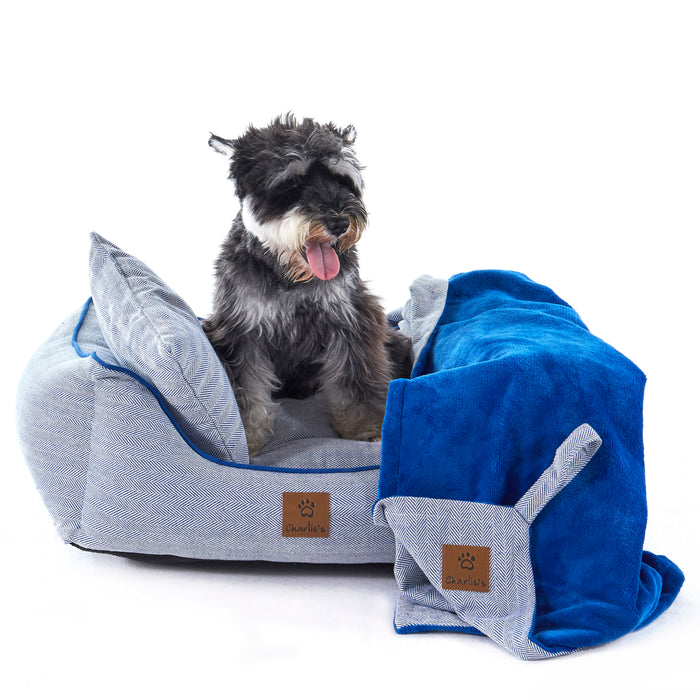 Hampton Herringbone 3pc Dog Bed Blue Charlie's Pet