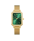 Front view of a gold-tone Paul Rich watch with emerald green sunray dial, gem-set octagonal bezel, and gold mesh strap.