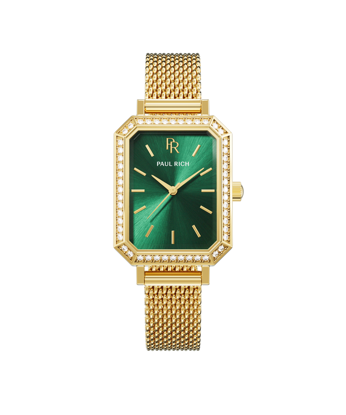Front view of a gold-tone Paul Rich watch with emerald green sunray dial, gem-set octagonal bezel, and gold mesh strap.