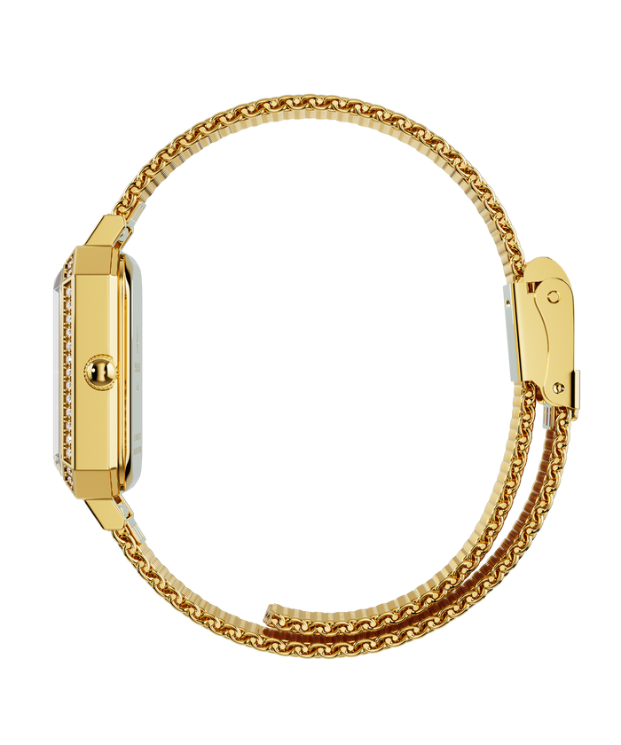 Side view of a gold-tone Paul Rich watch with a slim gem-set octagonal case and a closed gold mesh strap, shown in a circular position.