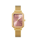 Gold-tone rectangular Paul Rich women’s watch with a pink sunray dial, crystal-set bezel, and gold mesh bracelet on a black background.