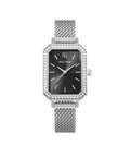 Front view of a silver-tone Paul Rich watch with black sunray dial, gem-set octagonal bezel, and silver mesh strap.