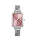 Front view of a silver-tone Paul Rich watch with pink sunray dial, gem-set octagonal bezel featuring pink stones, and a silver mesh strap.