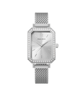 Front view of a silver-tone Paul Rich watch with silver sunray dial, gem-set octagonal bezel, and silver mesh strap.