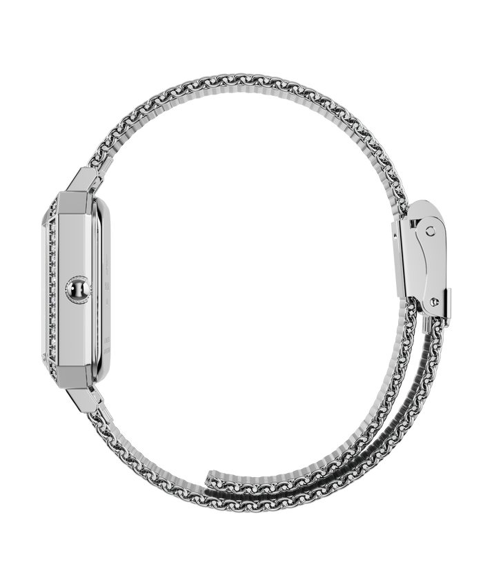 Side view of a silver-tone Paul Rich watch with a gem-set octagonal case and fully closed silver mesh strap, shown in a circular position.