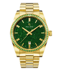 Gold watch with green aventurine dial and green gemstone-set bezel on a gold bracelet, featuring the Paul Rich logo and date window.