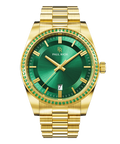 Gold watch with green sunray dial and green gemstone-set bezel on a gold bracelet, displaying the Paul Rich logo and date window.