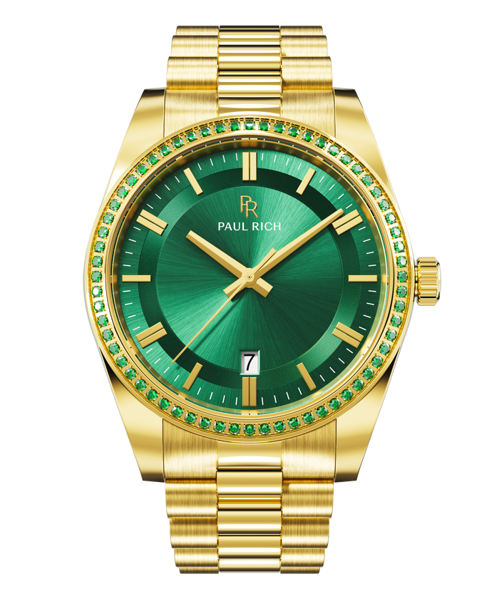 Gold watch with green sunray dial and green gemstone-set bezel on a gold bracelet, displaying the Paul Rich logo and date window.