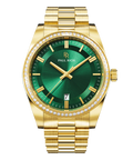 Front view of a gold-tone Paul Rich watch with a green sunray dial, diamond-set bezel, gold hour markers and hands, date display at 6 o'clock, and gold link bracelet.