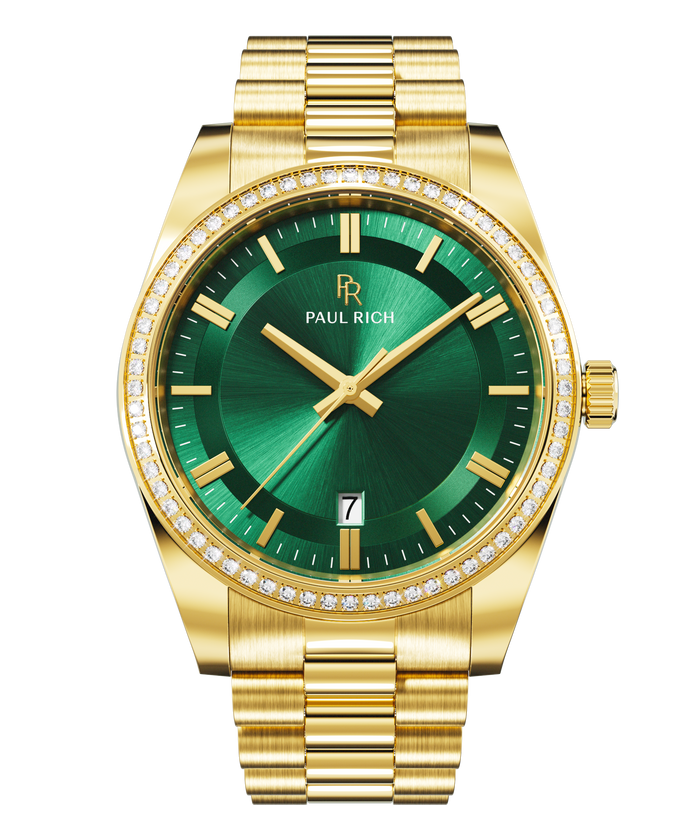 Front view of a gold-tone Paul Rich watch with a green sunray dial, diamond-set bezel, gold hour markers and hands, date display at 6 o'clock, and gold link bracelet.