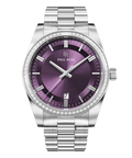 Silver wristwatch with a purple sunburst dial, crystal-set bezel, silver hour markers, and metal bracelet shown on a transparent background.