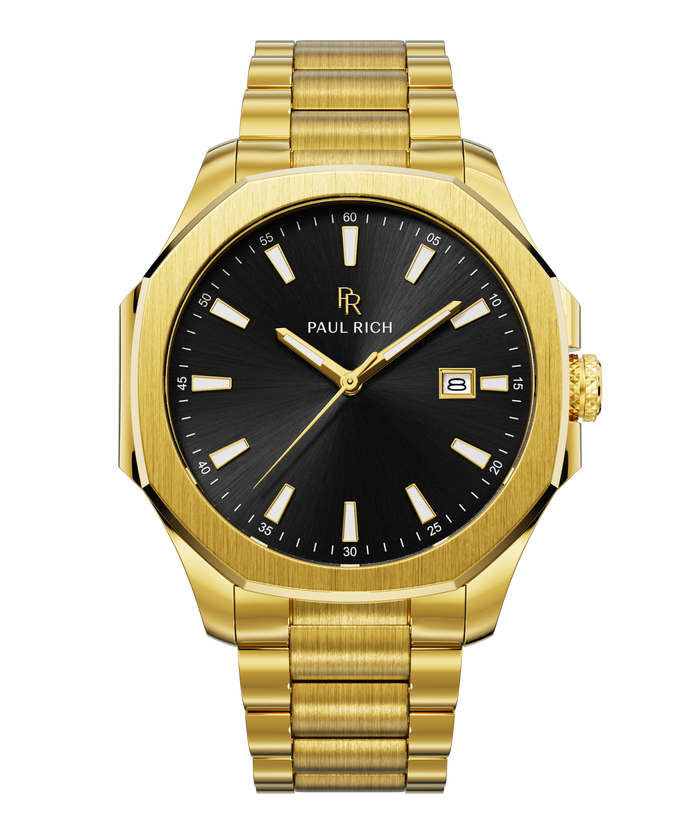 Front view of Paul Rich watch with brushed gold case and bracelet, black sunray dial, gold hands and indices, and date window at 3 o’clock.
