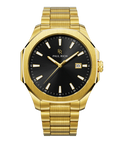Front view of Paul Rich watch with brushed gold case and bracelet, black sunray dial, gold hands and indices, and date window at 3 o’clock.