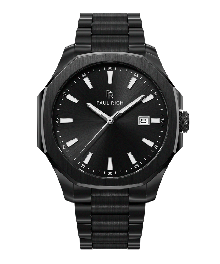 Front view of Paul Rich watch with black sunray dial, silver indices, date window at 3 o’clock, and brushed black metal bracelet.