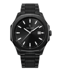 Front view of Paul Rich watch with black sunray dial, silver indices, date window at 3 o’clock, and brushed black metal bracelet.