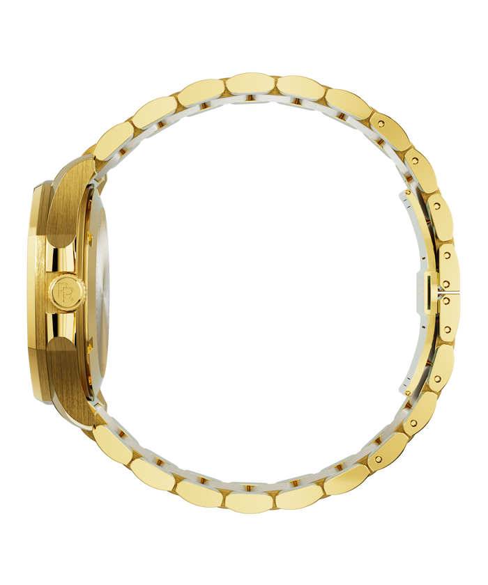 Side view of Paul Rich watch with brushed gold case, PR monogram crown, and polished gold bracelet fully closed in a circular loop.