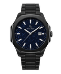 Front view of Paul Rich watch with brushed black case and bracelet, blue aventurine dial, silver indices, and date window at 3 o’clock.