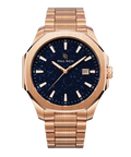 Front view of Paul Rich watch with brushed rose gold case and bracelet, blue aventurine dial, rose gold indices, and date window at 3 o’clock.