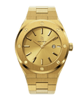 Front view of Paul Rich brushed gold watch with gold sunray dial, matching markers, and date window, on transparent background.