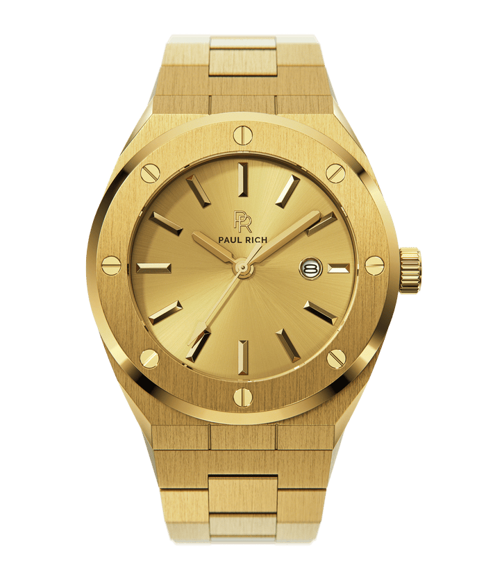 Front view of Paul Rich brushed gold watch with gold sunray dial, matching markers, and date window, on transparent background.