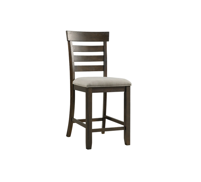 A brown ladder back counter stool with a cream-colored, linen-like fabric cushioned seat.