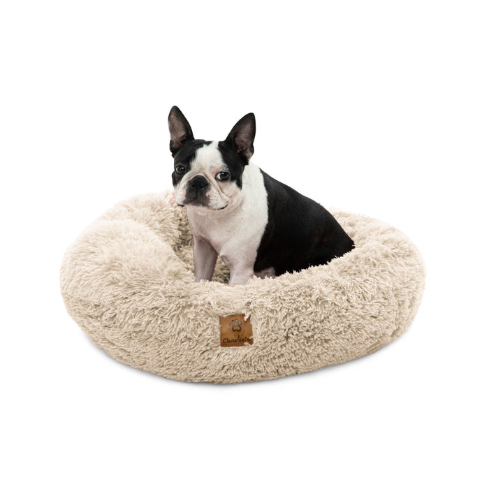 Shaggy Faux Fur Donut Calming Pet Nest Bed - Cream Chinchilla Charlie's Pet Products