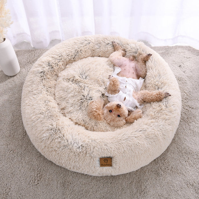 Shaggy Faux Fur Donut Calming Pet Nest Bed - Cream Chinchilla Charlie's Pet Products