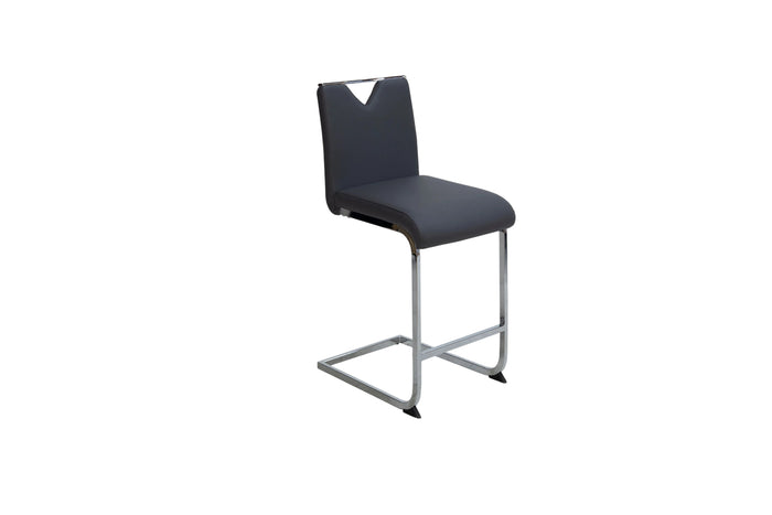 A gray counter stool with a polyurethane upholstered seat and back, and a chrome finish tubular steel frame.