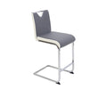 A gray and white counter stool with a polyurethane upholstered seat and back, and a chrome finish tubular steel frame.