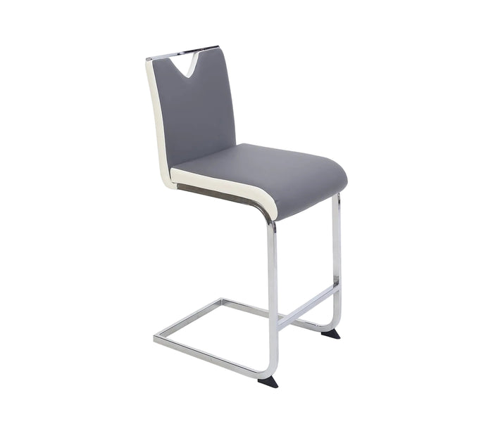 A gray and white counter stool with a polyurethane upholstered seat and back, and a chrome finish tubular steel frame.