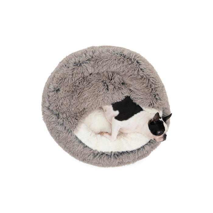 Snookie Hooded Pet Bed in Faux Fur - Grey Charlie's Pet Products