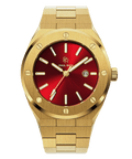 Front view of Paul Rich brushed gold watch with vibrant red sunray dial, gold markers, and date window, on transparent background.