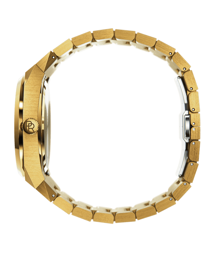 Side view of Paul Rich brushed gold watch with PR monogram crown and gold link bracelet, shown on transparent background.