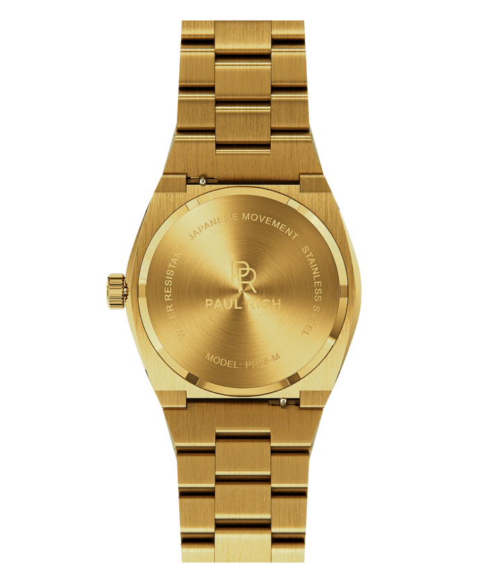 Back view of Paul Rich brushed gold watch with engraved case back showing logo, model PR68-M, and Japanese movement.