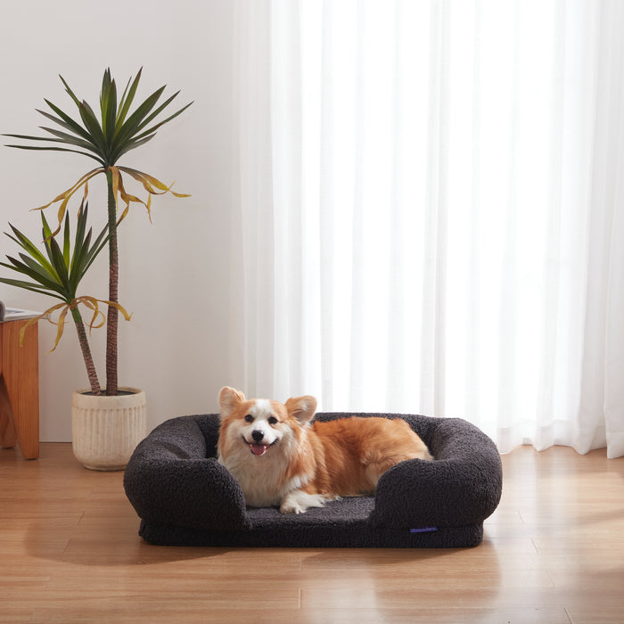 Teddy Fleece Memory Foam Sofa Pet Bed with Bolster - Charcoal Charlie's Pet Products