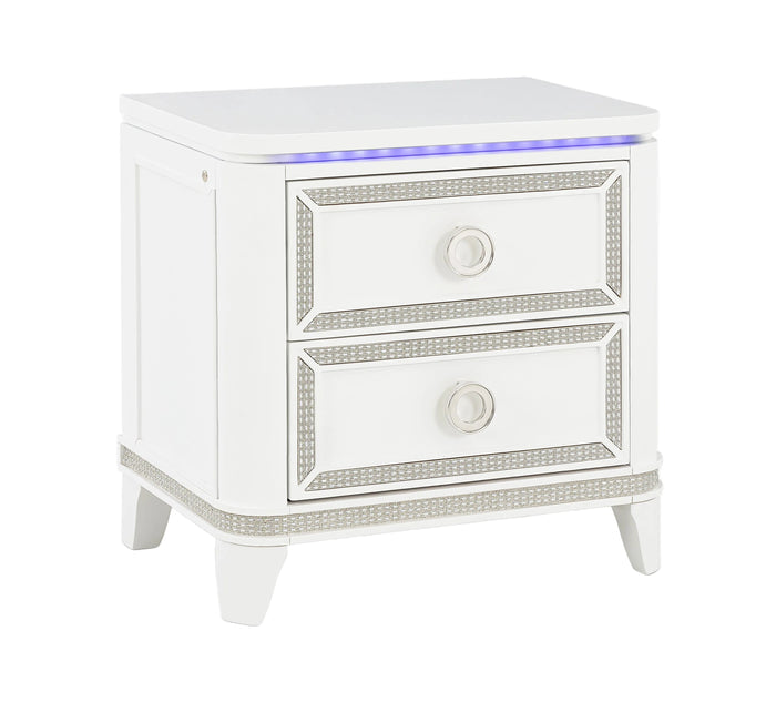 White nightstand with two drawers and LED lighting on a white background