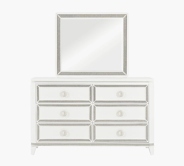 White dresser with silver trim and matching mirror on a white background
