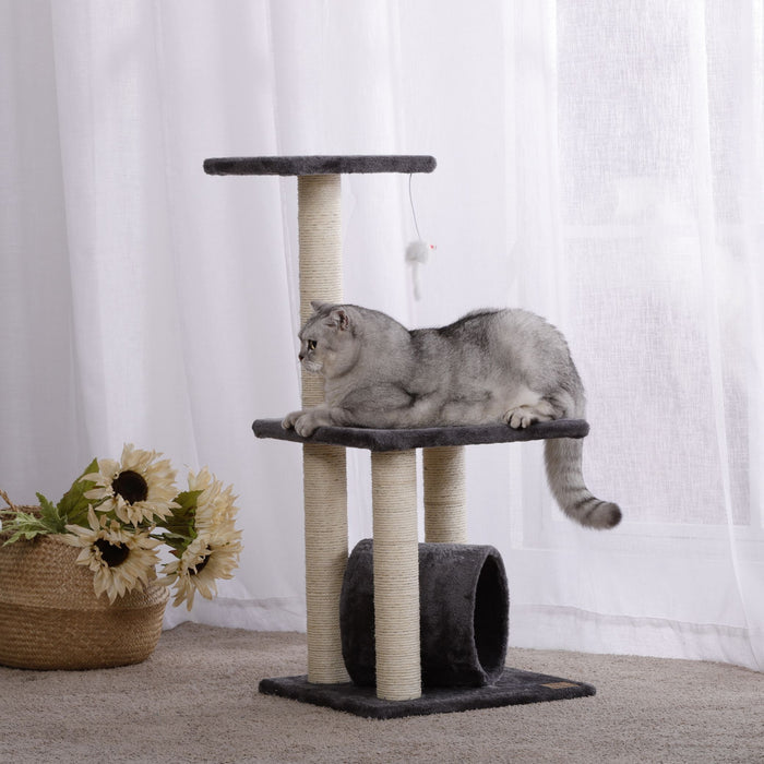 Tunnel 3-Tier Cat Tree with Mouse Toy - Charcoal Charlie's Pet Products