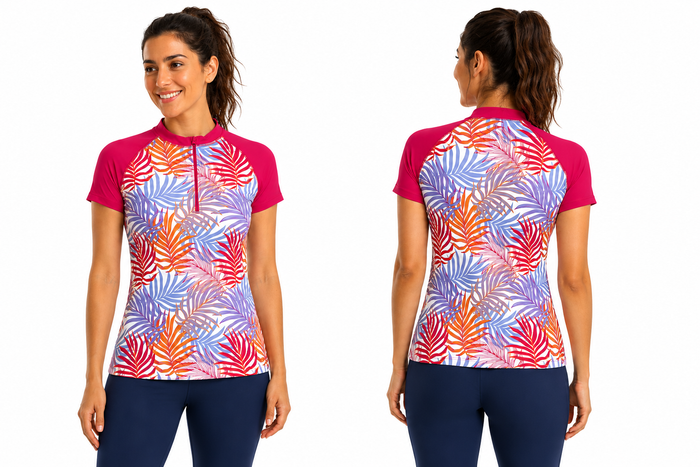 Woman Tropical Leaf Print Short Sleeve Rash Guard