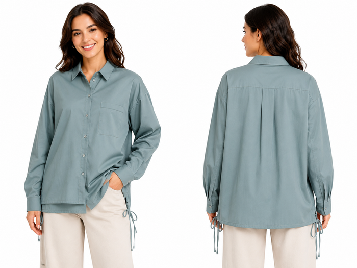 Women Oversized Long Sleeve Shirt With Adjustable Side Tie