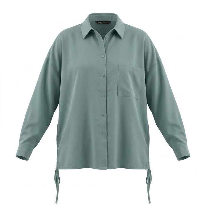 Women Oversized Long Sleeve Shirt With Adjustable Side Tie