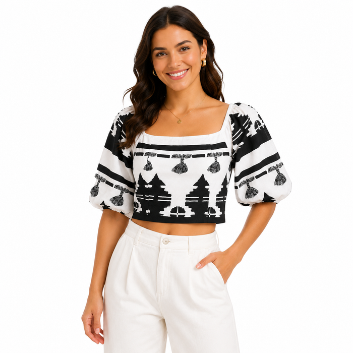 Women Printed Puff Sleeve Crop Blouse