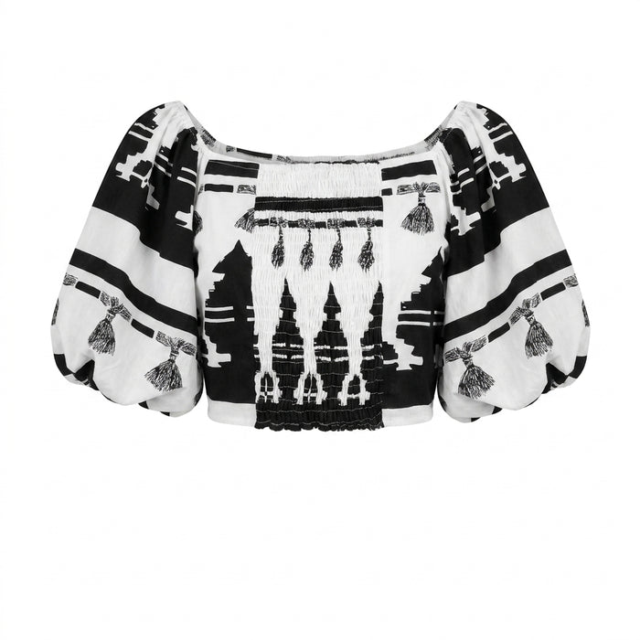 Women Printed Puff Sleeve Crop Blouse